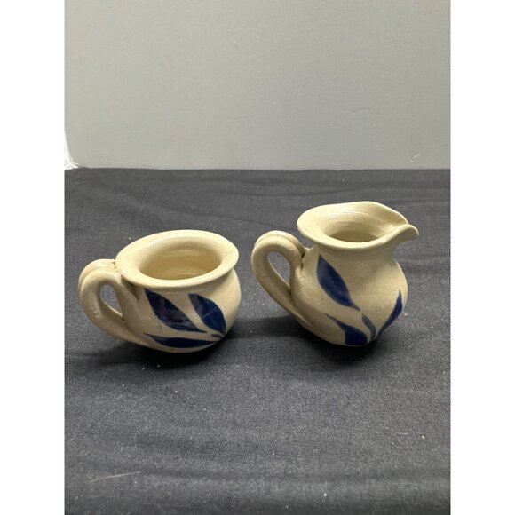 Williamsburg Pottery Other - Miniature Williamsburg Pottery Miniture Creamer & Sugar Set With Blue Leaf Desig